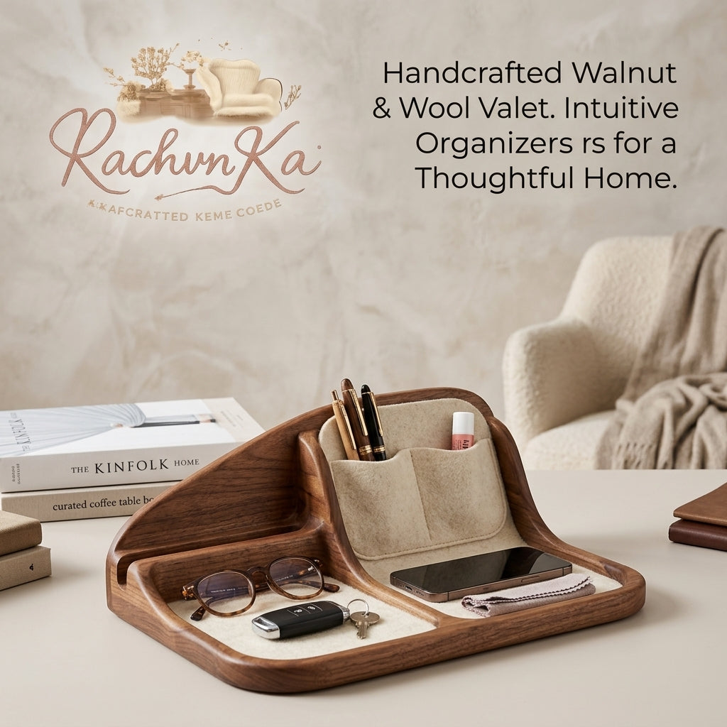 RachvnKa™ Handcrafted Walnut & Wool Valet Tray – Minimalist Desktop Organizer & Phone Stand – Premium EDC Storage for Keys, Glasses, and Stationery – Thoughtful Home Office Decor