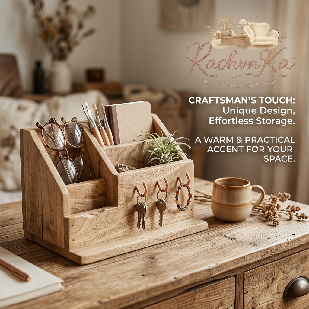 RachvnKa™ Handcrafted Wooden Desk Organizer & Entryway Key Holder – Rustic Desktop Storage Station for Office, Study, & Home Decor