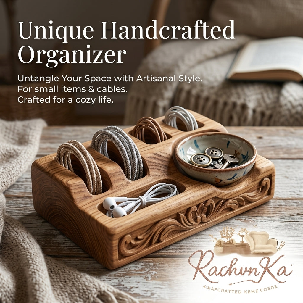 RachvnKa™ Handcrafted Wooden Desk Organizer – Rustic Cable Management Tray with Integrated Ceramic Bowl – Artisan Storage for Cords, Earbuds, Keys & Jewelry – Aesthetic Home Office & Nightstand Accessory