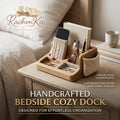 RachvnKa™ Handcrafted Oak Wood Bedside Cozy Dock – All-in-One Nightstand Organizer with Artisanal Wool Sleeves, Jewelry Valet & Tech Docking Station for Effortless Organization