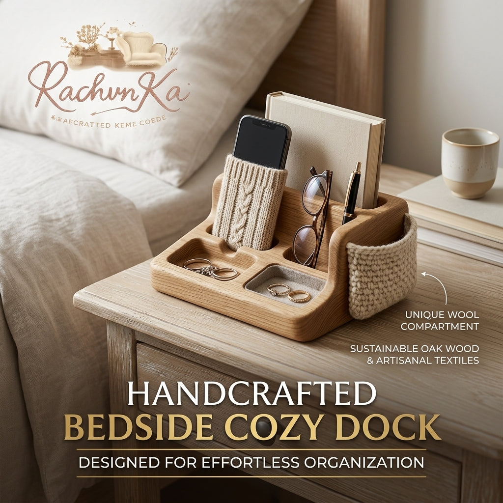 RachvnKa™ Handcrafted Oak Wood Bedside Cozy Dock – All-in-One Nightstand Organizer with Artisanal Wool Sleeves, Jewelry Valet & Tech Docking Station for Effortless Organization