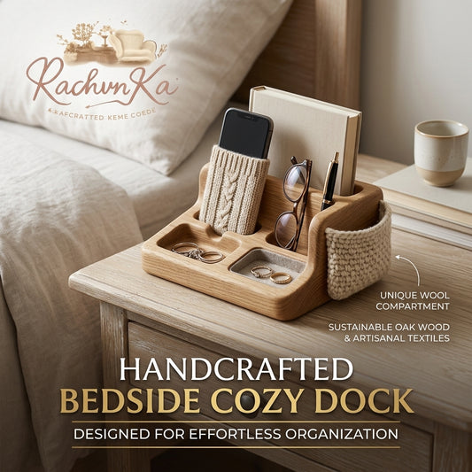 RachvnKa™ Handcrafted Oak Wood Bedside Cozy Dock – All-in-One Nightstand Organizer with Artisanal Wool Sleeves, Jewelry Valet & Tech Docking Station for Effortless Organization