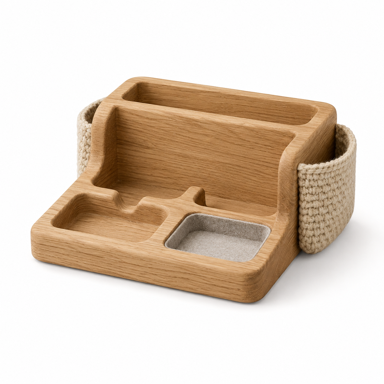 RachvnKa™ Handcrafted Oak Wood Bedside Cozy Dock – All-in-One Nightstand Organizer with Artisanal Wool Sleeves, Jewelry Valet & Tech Docking Station for Effortless Organization