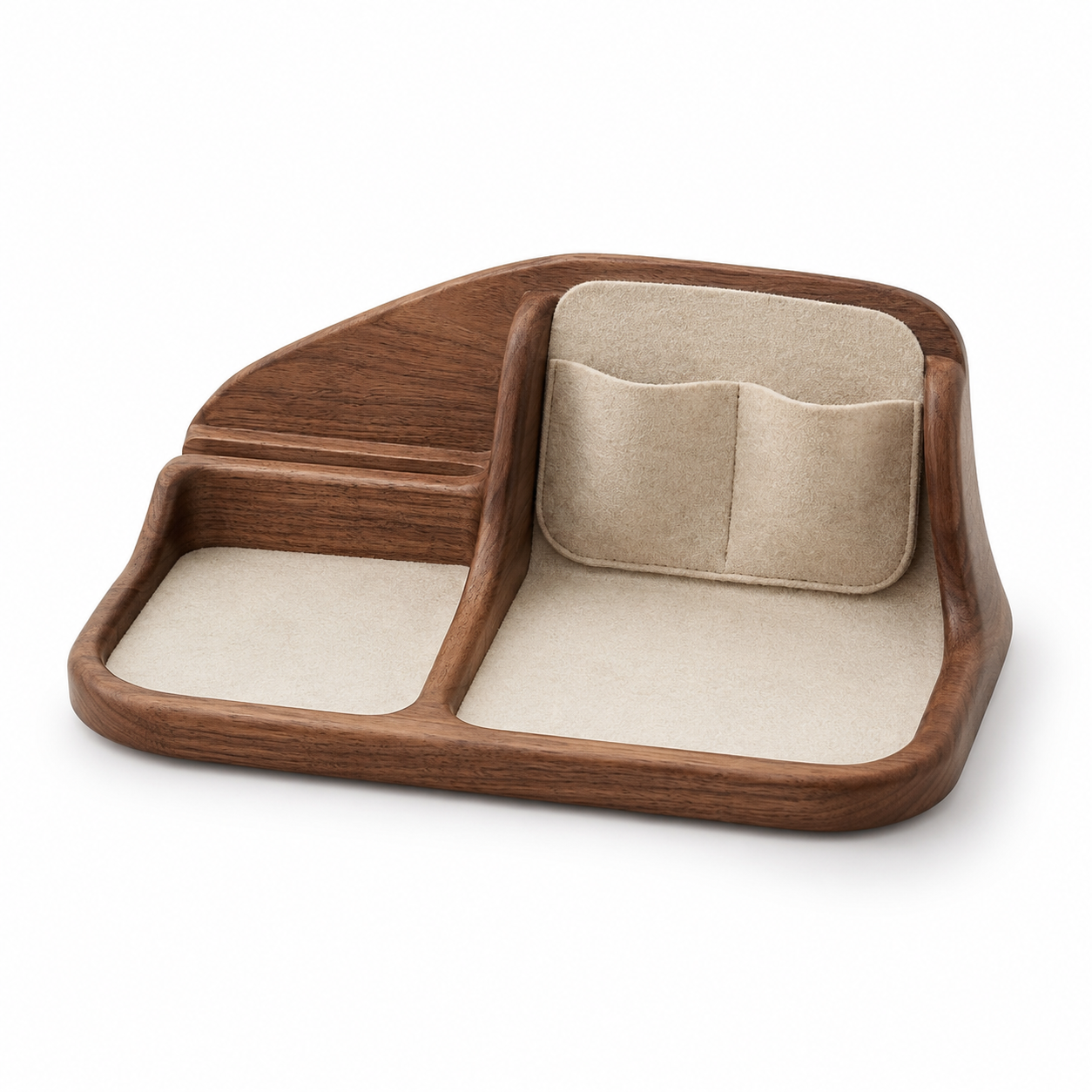 RachvnKa™ Handcrafted Walnut & Wool Valet Tray – Minimalist Desktop Organizer & Phone Stand – Premium EDC Storage for Keys, Glasses, and Stationery – Thoughtful Home Office Decor