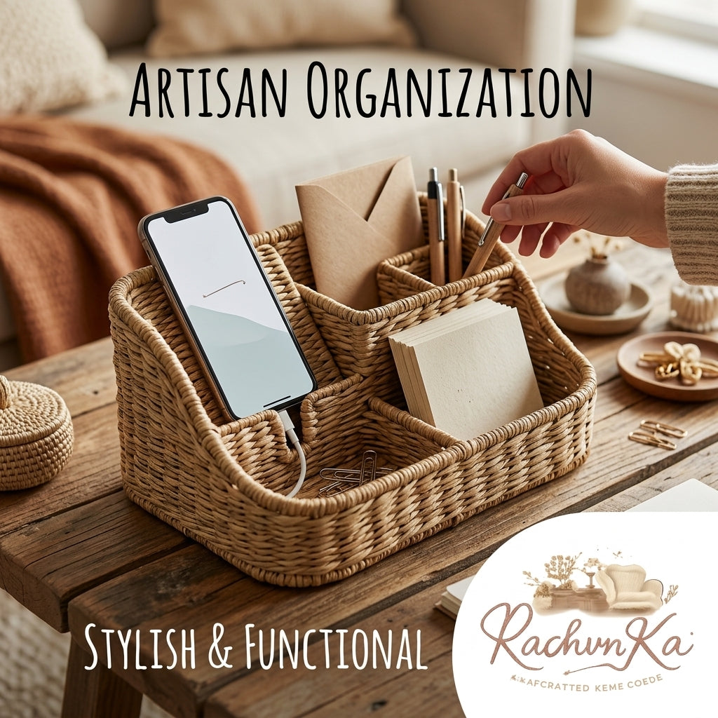RachvnKa™ Hand-Woven Desk Organizer with Integrated Phone Charging Dock – Artisan Rattan Office Storage Caddy for Mail, Pens, and Stationery – Stylish Boho Home Decor & Desktop Tidy