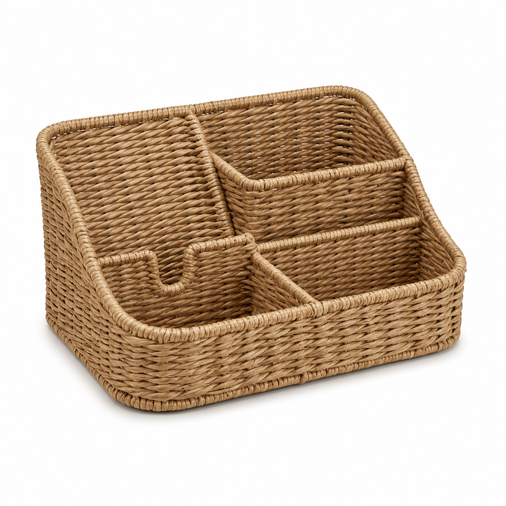 RachvnKa™ Hand-Woven Desk Organizer with Integrated Phone Charging Dock – Artisan Rattan Office Storage Caddy for Mail, Pens, and Stationery – Stylish Boho Home Decor & Desktop Tidy