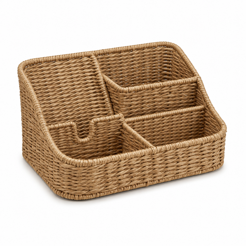 RachvnKa™ Hand-Woven Desk Organizer with Integrated Phone Charging Dock – Artisan Rattan Office Storage Caddy for Mail, Pens, and Stationery – Stylish Boho Home Decor & Desktop Tidy