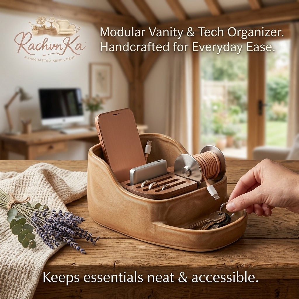 RachvnKa™ Modular Vanity & Tech Organizer – Handmade Ceramic & Wood Charging Station, Key Holder & Jewelry Tray – The Ultimate Desktop Tidy for Bedside, Entryway & Home Office