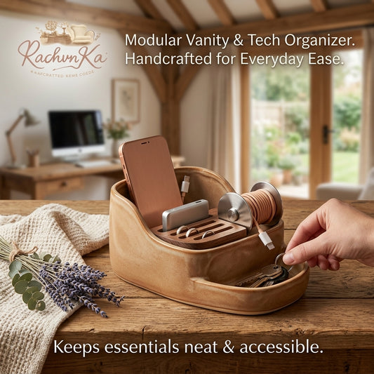 RachvnKa™ Modular Vanity & Tech Organizer – Handmade Ceramic & Wood Charging Station, Key Holder & Jewelry Tray – The Ultimate Desktop Tidy for Bedside, Entryway & Home Office