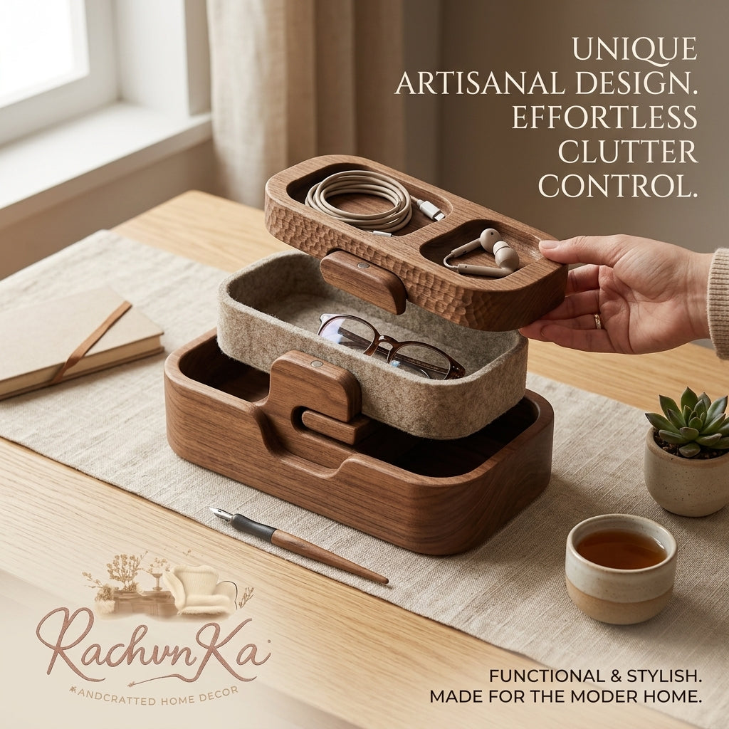 RachvnKa™ Modular Wooden Desk Organizer – Tiered Valet Tray & Desktop Catch-all for Clutter Control | Handmade Modern Storage Box for Cables, Glasses & Accessories | Aesthetic Minimalist Home Office Decor