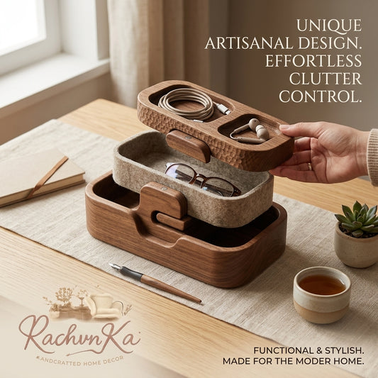 RachvnKa™ Modular Wooden Desk Organizer – Tiered Valet Tray & Desktop Catch-all for Clutter Control | Handmade Modern Storage Box for Cables, Glasses & Accessories | Aesthetic Minimalist Home Office Decor