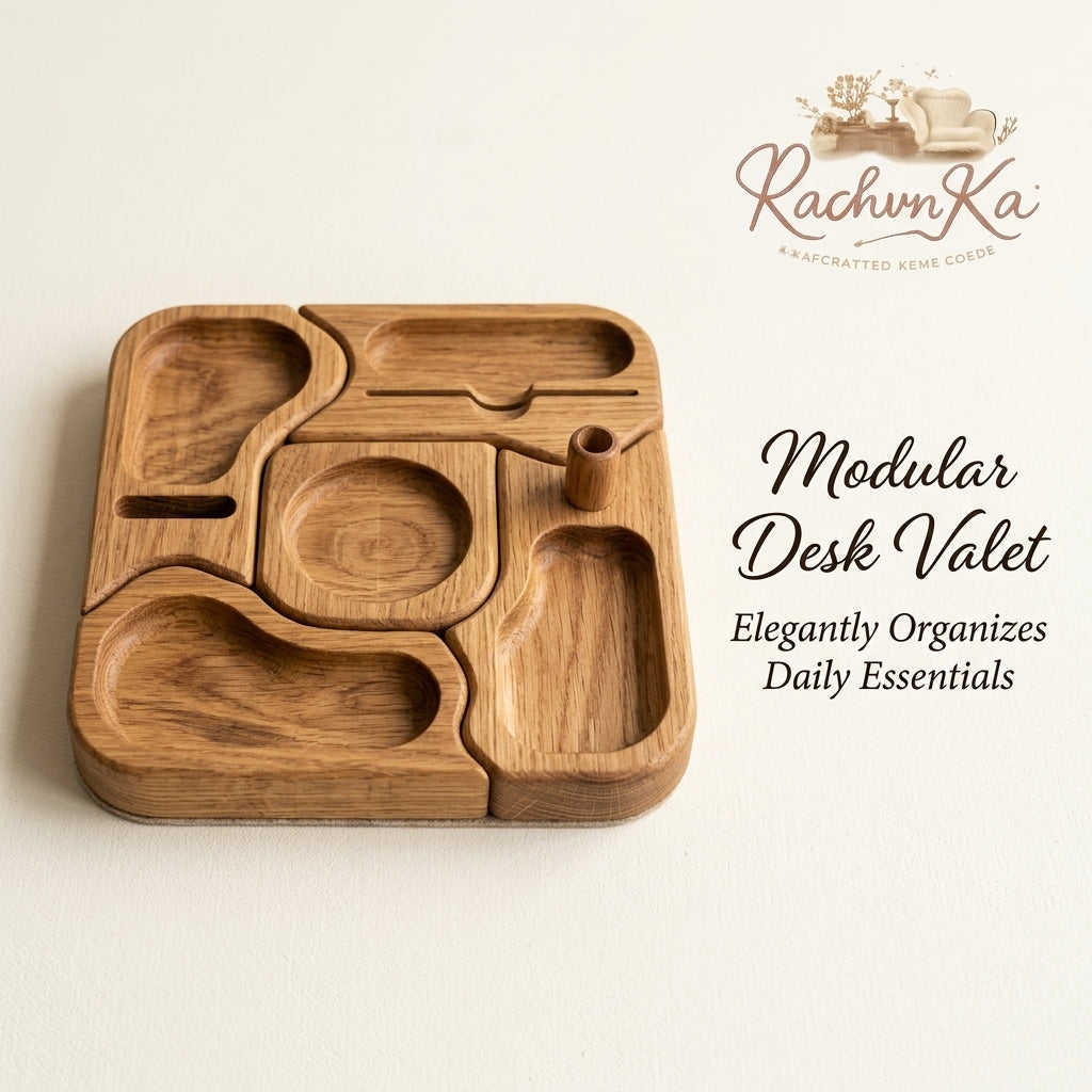 RachvnKa™ Modular Wooden Desk Valet – Customizable Puzzle Organizer Tray for Daily Essentials, EDC, Keys & Phone – Premium Desktop Storage for Office & Home Decor