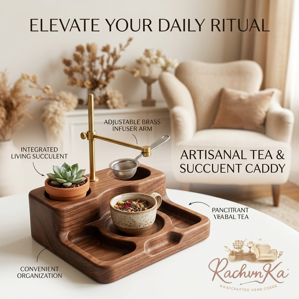 RachvnKa™ Artisanal Wooden Tea & Succulent Caddy | Adjustable Brass Infuser Stand, Tea Organizer & Desktop Planter for Daily Wellness Rituals