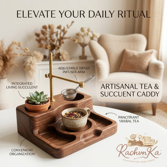 RachvnKa™ Artisanal Wooden Tea & Succulent Caddy | Adjustable Brass Infuser Stand, Tea Organizer & Desktop Planter for Daily Wellness Rituals