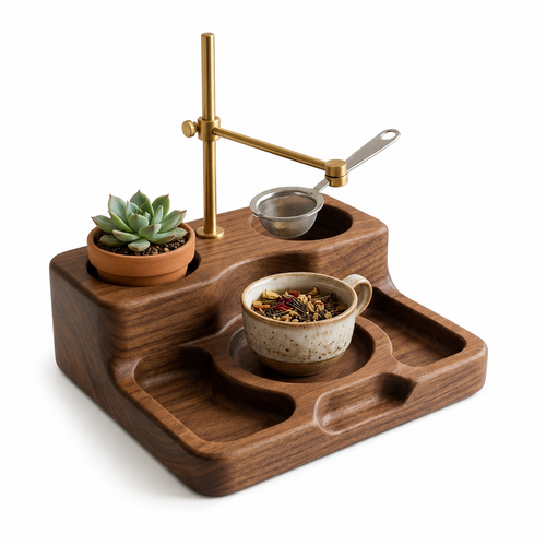 RachvnKa™ Artisanal Wooden Tea & Succulent Caddy | Adjustable Brass Infuser Stand, Tea Organizer & Desktop Planter for Daily Wellness Rituals
